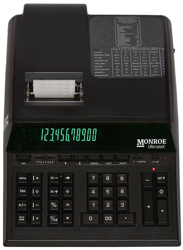 Monroe UltimateX showing the paper roll is protected within the calculator's body